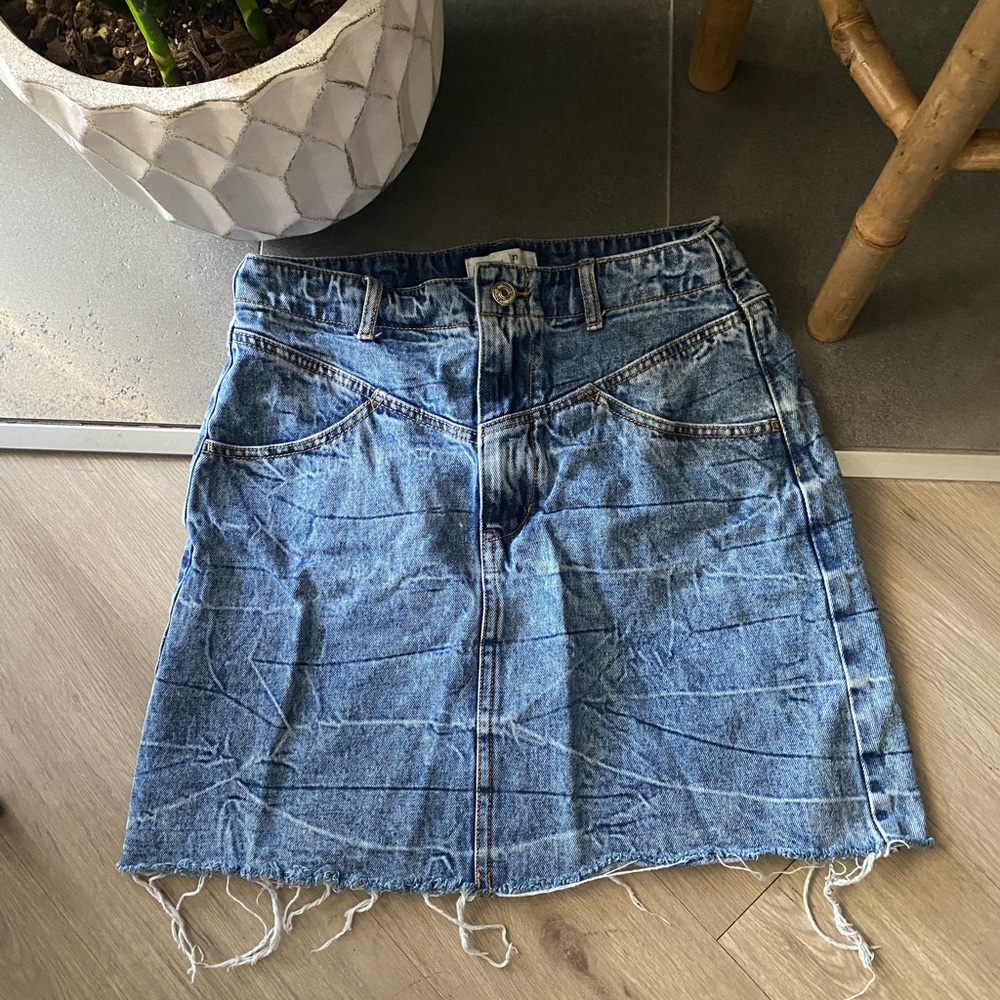 Distressed Denim Skirt w/Frayed Bottom